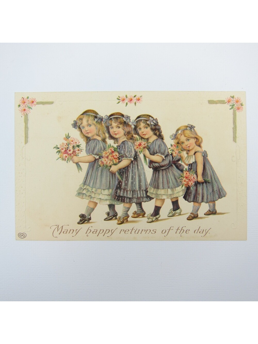 Postcard Many Happy Returns of Day Children Girl Dresses Pink Flowers Antique